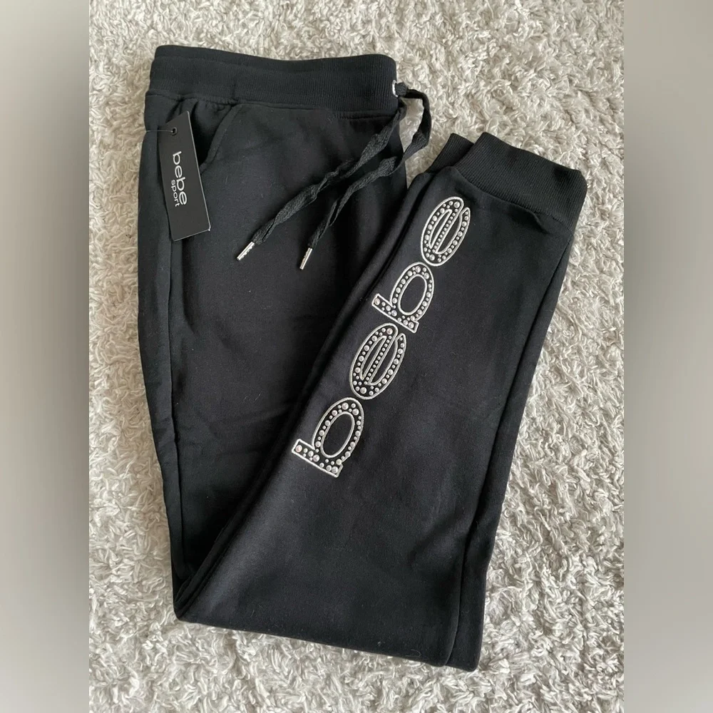 NWT BEBE JOGGERS DRAW STRING WAIST, SIZE US L, BLACK/SILVER - Picture 1 of 9